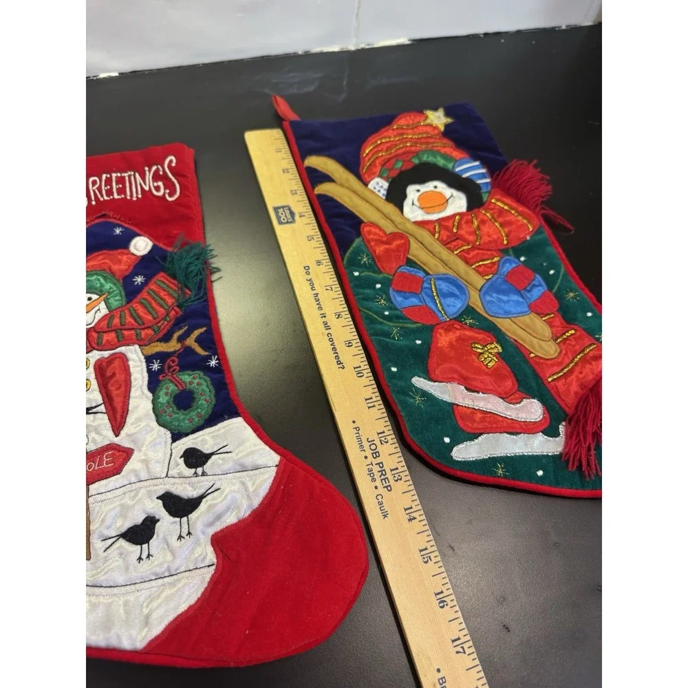 Snowman w Birds Penguin Skiing Christmas Stocking‎ Embroidered Applique Set of 2